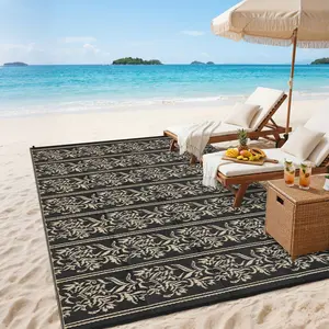 Bohemian Sun Pattern Outdoor Rug with Leaf Print Large Size Plastic Straw Rug Double-Sided Foldable Easy to Port for Patios Balconies Beaches Pools RVs and Picnics