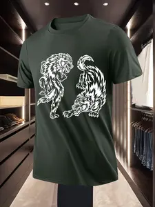 Street Style Wolf Print Short Sleeve T-Shirt, Casual Geometric Pattern, Fitted H-Type, Daily Wear Fashion Top, No Zipper, No Button