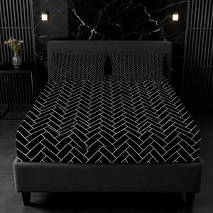 3‑Piece Black‑White Geometric Herringbone Fitted Sheet Set, Modern Minimalist Digital Print Bedding, Without Insert, Stylish Bed Cover for Bedroom Decor & Contemporary‑Style Enthusiasts