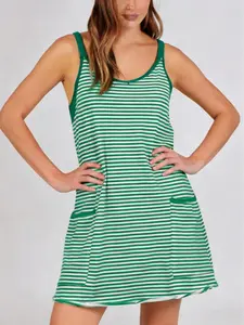 【Belle Noss】Women's Summer Athletic Dress - Sleeveless V-Neck Striped, Body-Friendly Comfortable Active Casual Dress with Built-in Shorts for Tennis Workout, Vacation