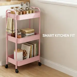 Kitchen Fit 3-Tier Rolling Storage Cart with Double Handle Mobile Utility Organizer Shelf Lockable Silent Wheels Durable Frame for Utensils & Spices Sturdy & Stylish