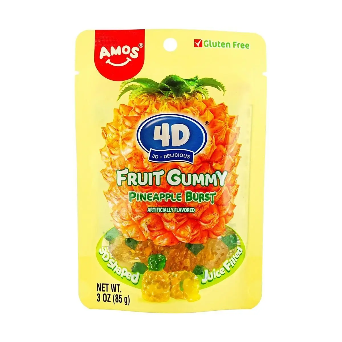 Amos Sweets 4D Juicy Pineapple Gummy Bears - Real Fruit Juice, Gluten-Free, 85g