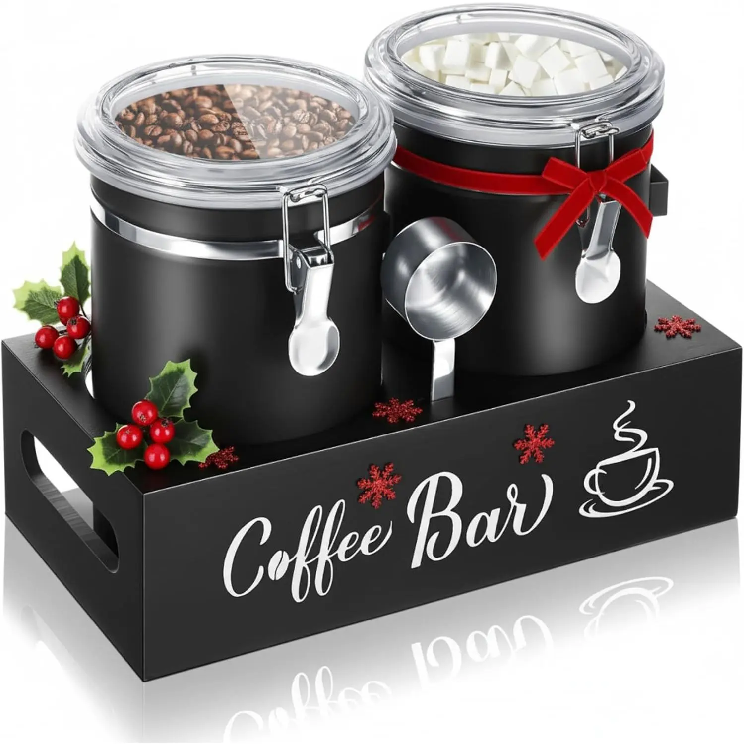 2 count 66 oz 304 Stainless Steel Coffee Canisters with Shelf - Airtight Locking Clamp & Scoop, Ground Coffee/Bean Storage, Kitchen  Storage Jars, Christmas  for Coffee Lovers(Black)