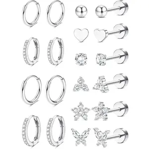 14K Gold Plated Stud Hoop Earrings for Women Hypoallergenic Surgical Steel Earring Stacks Silver Flat Back Earrings Trendy CZ Small Helix Cartilage Earring Sets for Multiple Piercing Jewelry