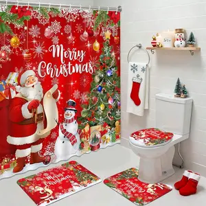 Red Christmas Shower Curtain Set for Bathroom, 4Pcs Santa Claus Snowman Winter Bathroom Sets with Non Slip Rugs, Toilet Lid Cover, Bath Mat, Shower Curtain, Bathroom Decor with 12 Hooks, Bathroom Decoration Accessories