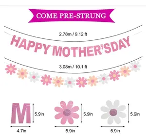 Happy Mother's Day Decorations Banner - NO DIY - Pink Glitter Mothers Day Party Supplies Photo Backdrops