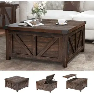 35.5" Square Lift Top Coffee Table with USB & Type-C Charging Station, Farmhouse Work Table with Hidden Storage for Living Room, Home Office