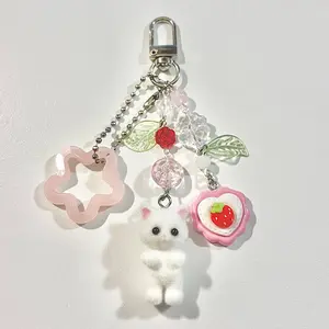 Flocked Kitty Keychain with Star and Strawberry Charms - Adorable and Unique Design