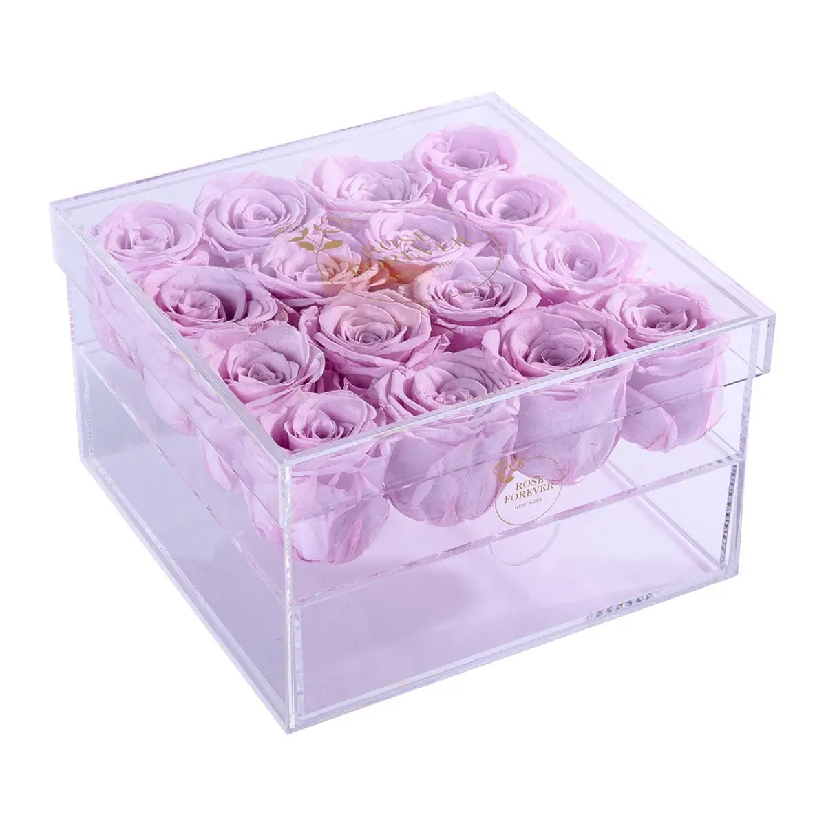 16 Lilac Rose Bouquet, Crystal Box Decorative Floral Centerpiece - Ideal for Drawer Display, Gift for Home Decor