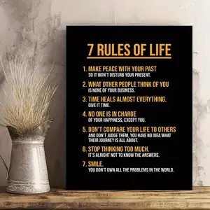 7 Rules of Life Inspirational Canvas Print - 1 Piece Black Background with Inspirational Quotes for Home & Dormitory Decorative Wall Art