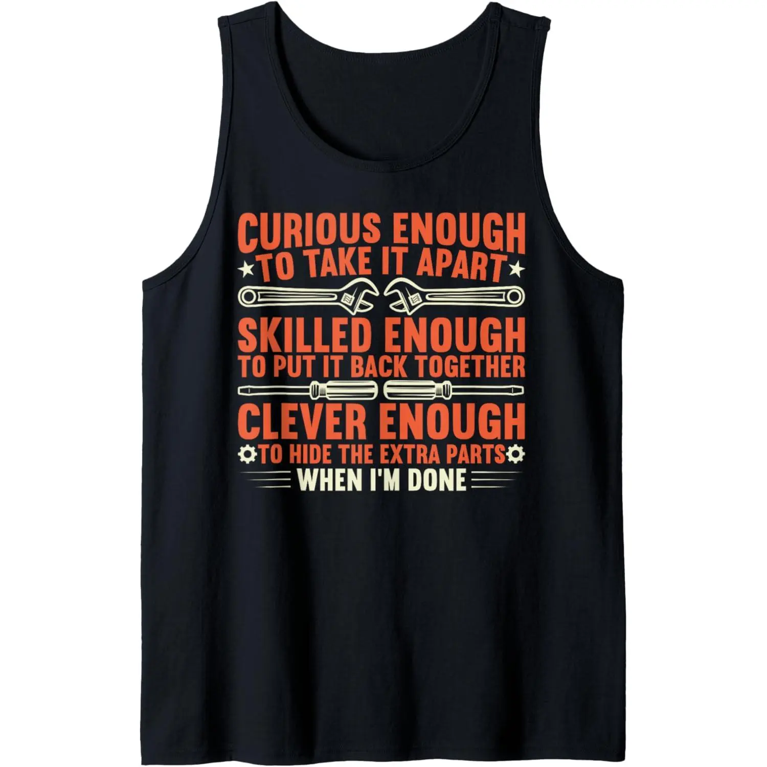 Men's Classic Sleeveless Cotton Sports Tank Top - Multi-Size, Soft Breathable Fabric, Graphic Print "Curious Enough To Take It Apart" Top for Auto Garage Mechanics, Gym, All Seasons, Menswear, Second Skin Fit, Sporty Chic, Short Length