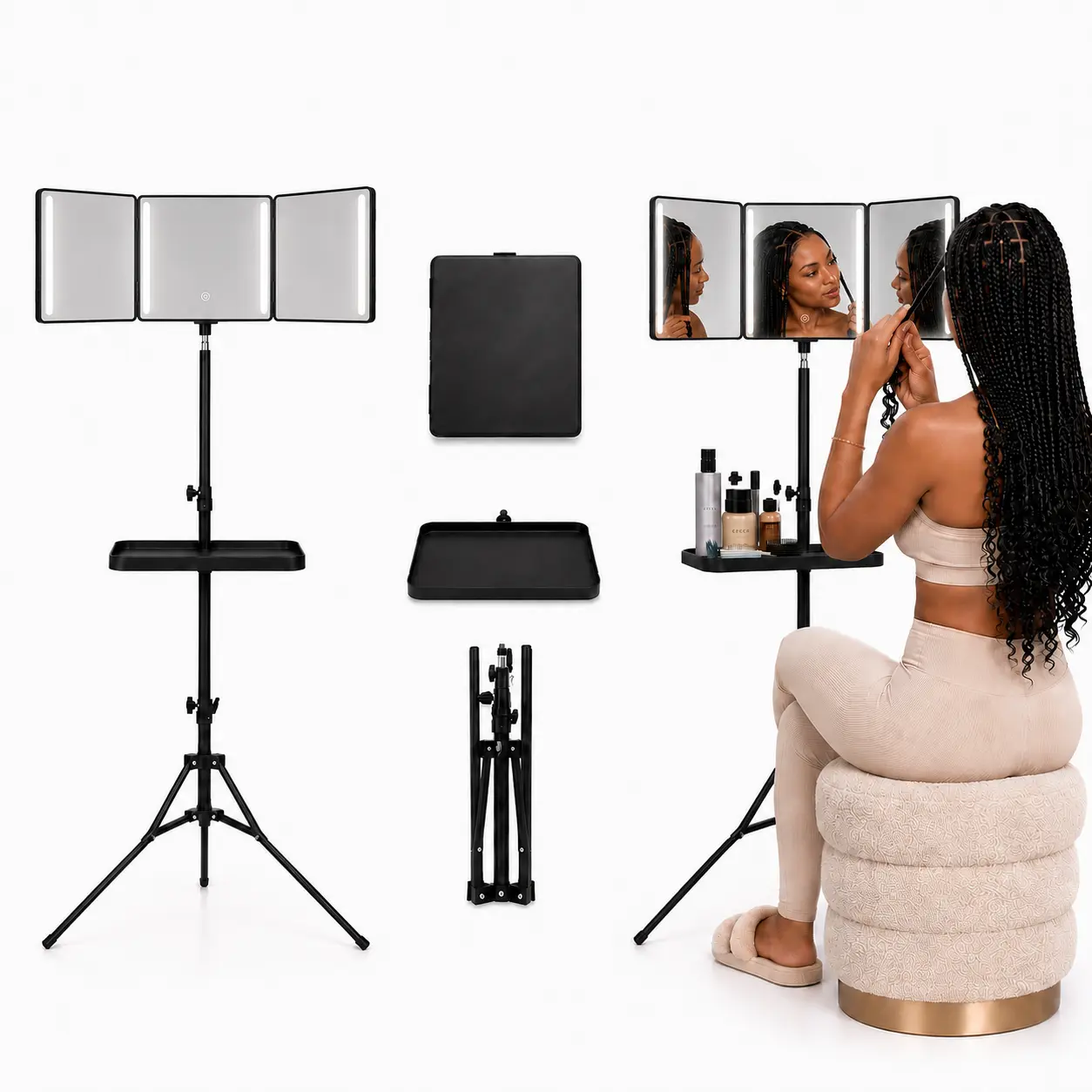3-Way DIY Hair Styling Mirror - 4 LED Lights, Adjustable Tripod Stand, Clamp-On Tray Holder, Portable Cordless Rechargeable Home Tabletop Haircare Accessory