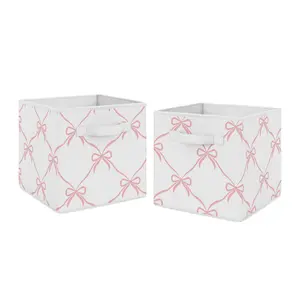 Sweet Jojo Designs Set of 2 Collapsible Fabric Storage Cubes (Pink Bows) for Girls, Baby, Kids, Childrens Foldable Bins Organizer Boxes Toys (Bow for Ballerina, Ballet Dancer, Princess Collection)