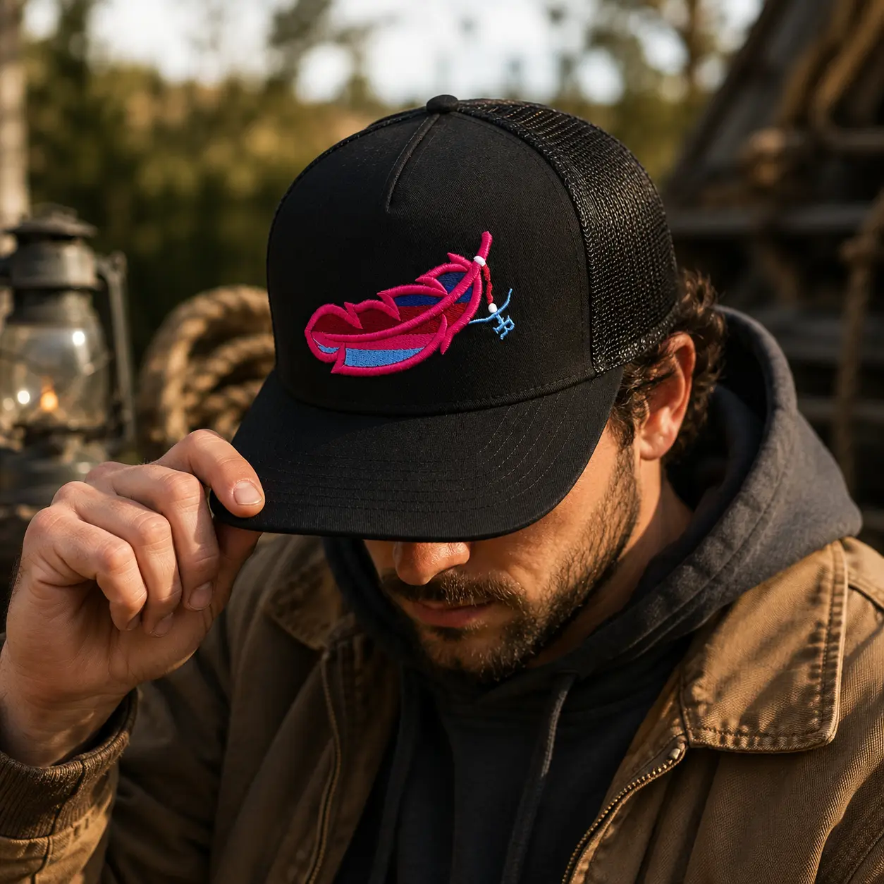 [BEST SELLER 2026] Black Feather Trucker Hat, Colorful Embroidered Snapback Cap, Vintage Western Hat, Outdoor Country Hat for Men