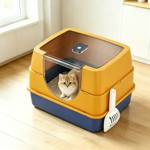 3 IN 1 Cat Litter Box, Enclosed Cat Litter Box with Flip-Top Design, removable Large Covered Litter Box, High Sided Metal Litter Pan with Litter Scoop, Odor Control, Easy Cleaning, Anti-Scratch Kitty Cat Box Anti-Urine Leakage, Multicolor