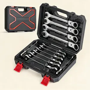 Flex-Head Ratcheting Wrench Set, Metric 8-19mm Combination Ended, Chrome Vanadium Steel Construction with Toolbox, Reversible Spanner Kit, Non-Slip Comfort Grip, Professional Mechanic Tools