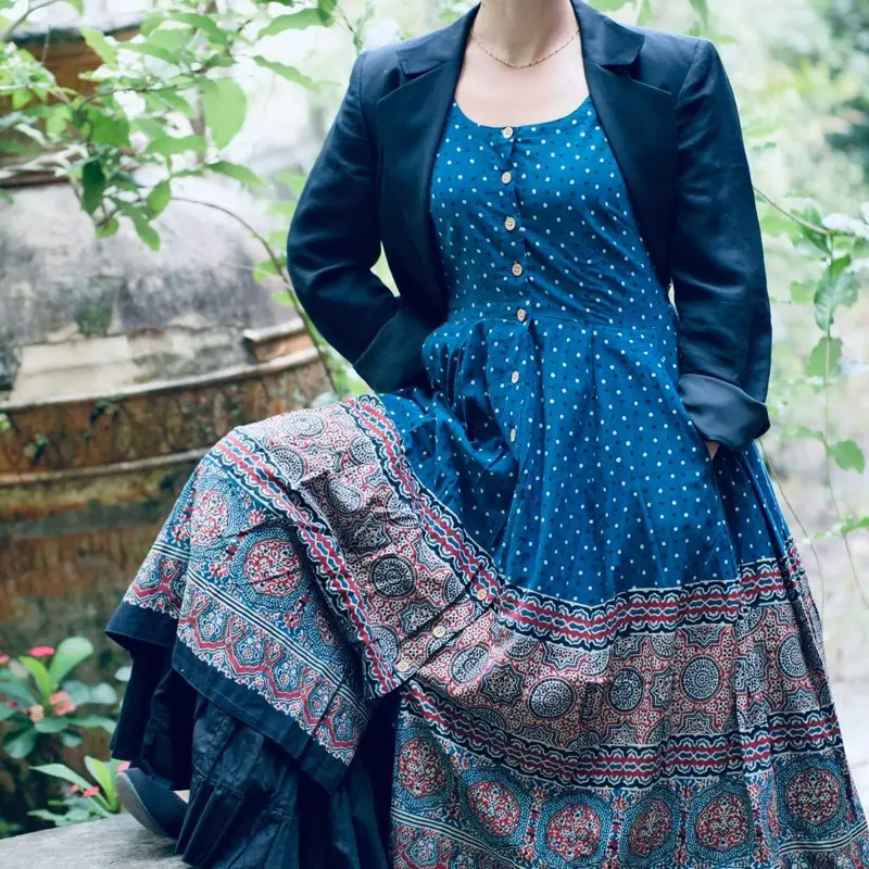 Ethno Sisters Ajrak Dress "Poet" - 100% Cotton Hand Block Printed with Natural Dye Calm Grounded Unhurried Design Inspired by Kamala Womenswear Fitted Casual Pockets