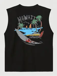 Men's Hawaiian Print Tank Top, Breathable Sleeveless Shirt, Tropical Palm Tree & Surf Pattern, Casual Beachwear, Casual Slim Sleeveless