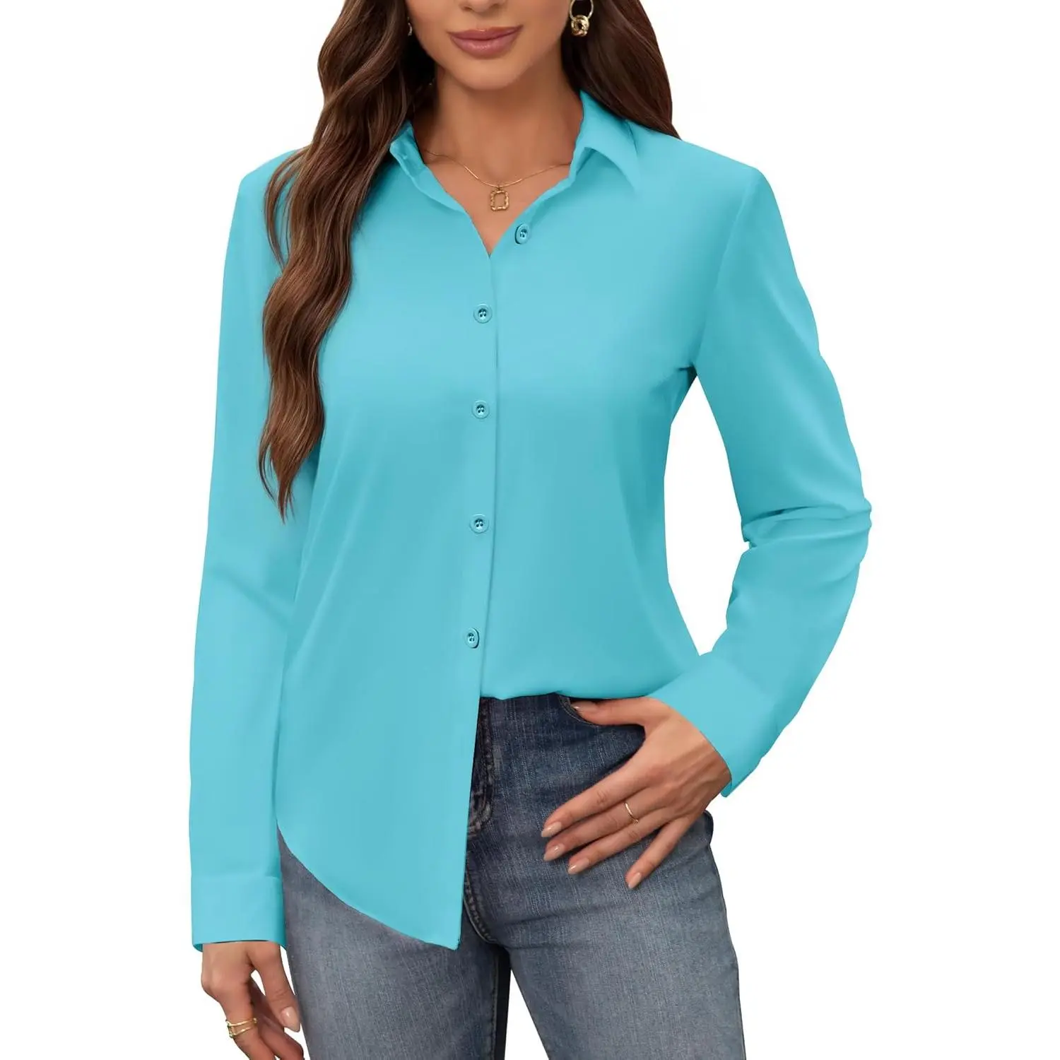 Women's Long-Sleeve Minimalist Cotton Blend Blouse - Solid Button-Down Dress-Style Top with Comfortable, Stain-Shield, Wrinkle-Free Fabric for Work, Business Casual, Shirts
