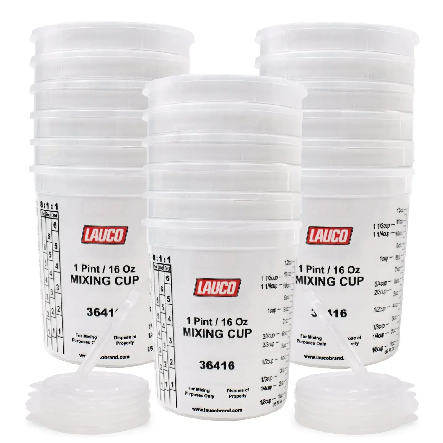Polypropylene Paint & Epoxy Mixing Cups with Handle - 16-Pack, 174 oz (5-qt), Transparent, Calibrated Measuring Ratios, Solvent Resistant, Reusable Plastic for Large Resin, Oil Mixes