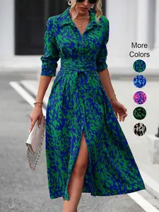 Women's Spring Autumn Elegant Geometric Tie Dye Print Button Front Midi Dress, Long Sleeve Fitted Design, Multiple Color Options
