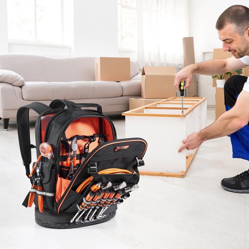 Tool Backpack with 64 Pockets, Tear-Resistant Construction, Heavy-Duty Jobsite Organizer for Electricians and Tradespeople, Portable Tool Storage Bag with Padded Straps, Waterproof Fabric, Reinforced Handle, and Compartments