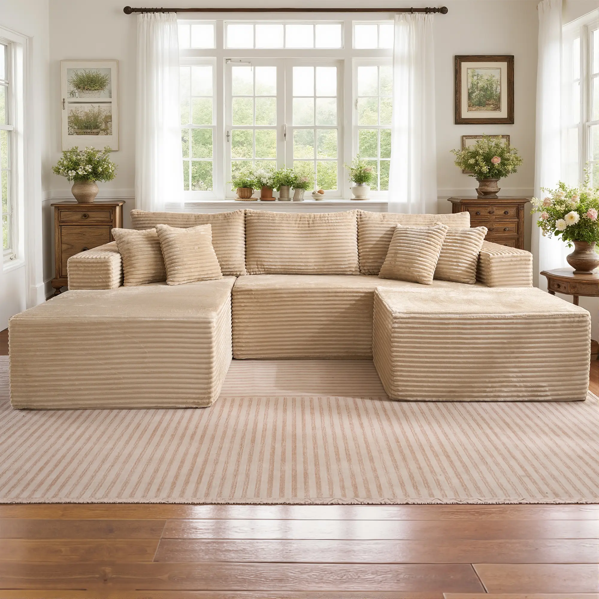 108" Beige U Shaped Left Chaise with Ottoman 2