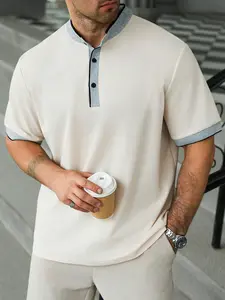 Men's Plus Size Colorblock Short Sleeve Menswear Polo Shirt, Casual Minimalist Summer Top, Business Two-Wear Blouse, Daily Wear