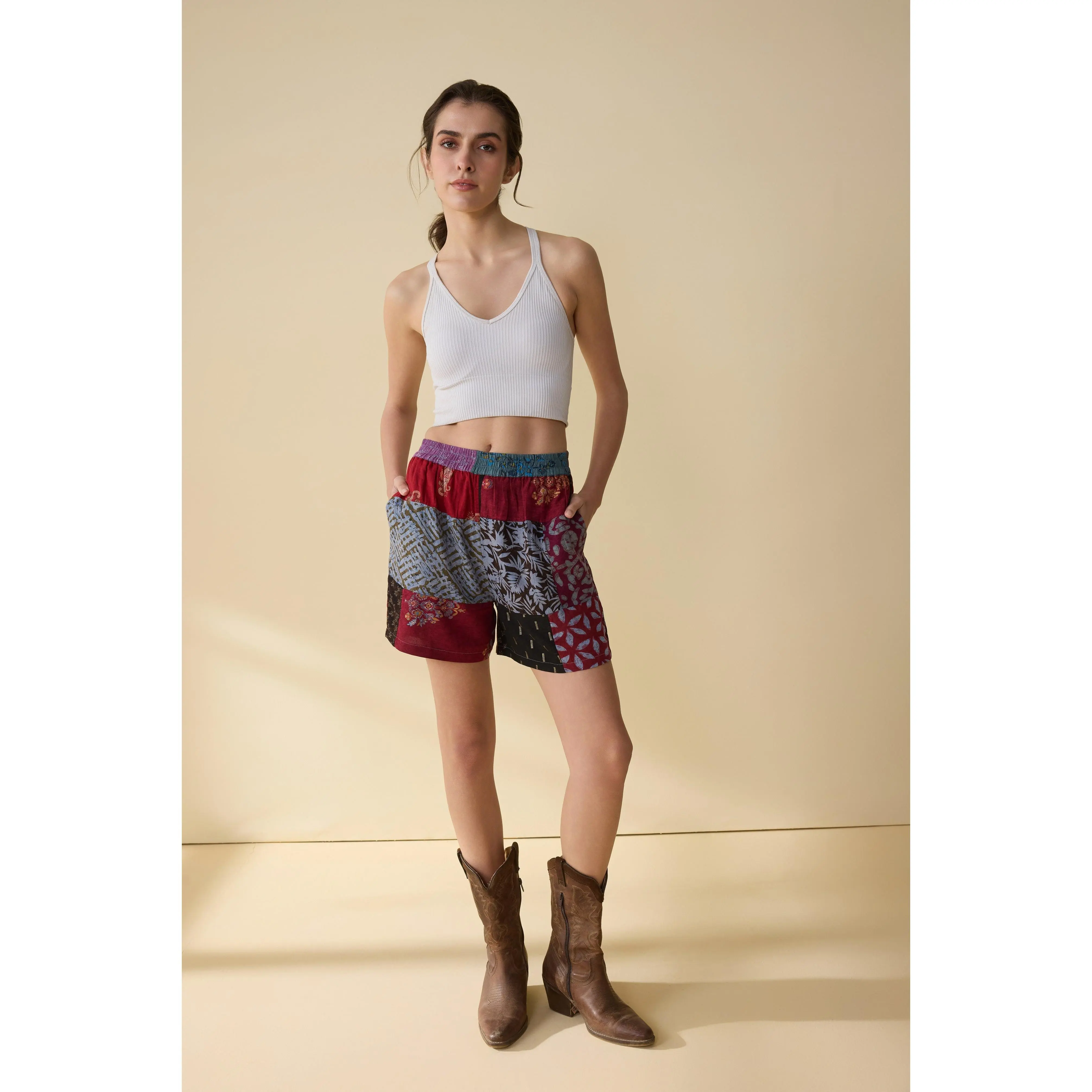 Women's Cotton Bohemian Loose Shorts with Paisley Patchwork Print, Relaxed Fit with an Elastic Waist and Bottoms, Rust, Colorful Shorts, Lady