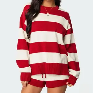 Women Striped Knit Sweater Set 2 Piece Outfit Oversized Long Sleeve Sweater and Shorts Matching Lounge Sets Chic Red