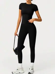 Women's Sporty Fitted Yoga Tracksuit Set, Soft Breathable Stretch Fabric Activewear Short Sleeve Top & Elastic Pants, Ideal for Fitness Running Outdoor Activities