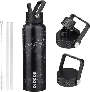 BJPKPK Insulated Water Bottles with Straw Lid, 40oz Stainless Steel Water Bottles with 3 Lids, BPA Free Leakproof Thermo, Tumblers, Cups for Sports, Gym- Midnight