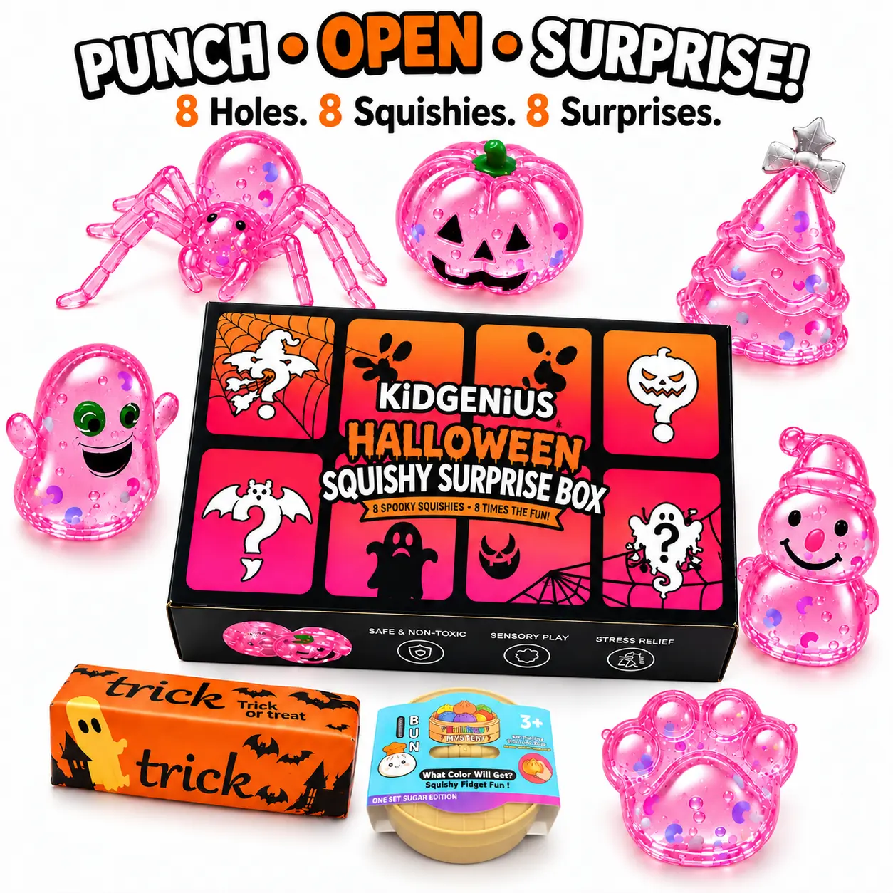 KIDGENIUS  8-Piece Halloween Squishy GiftBox, Malt Sugar Stress Relief Fidget Toys,Sensory Toy Bundle, Creative Slow-ReboundSquishies, 8 Unique Spooky Designs,Halloween Party Favors & Holiday Gifts
