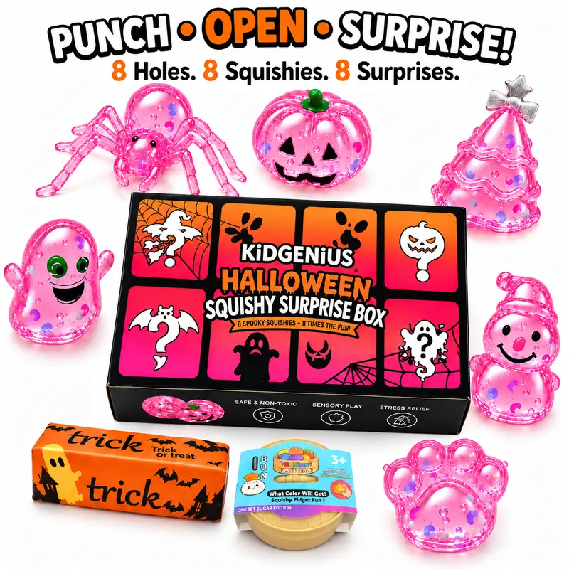 KIDGENIUS 8-Piece Halloween Squishy Gift Box, Malt Sugar Stress Ball Squishy, Soft Fidget Sensory Bundle, Slow-Rebound Fun, 8 Unique Spooky Designs, Halloween Party Favors & Holiday Gifts, Fidget Squishy