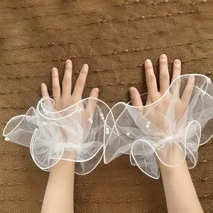 1 Pair Fashionable Sheer Tulle Sleeve Cuffs With Faux Pearls, Elegant Mesh Sleeve Cover For Wedding Banquet Party Photography