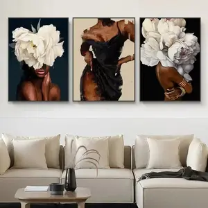 3pcs Classic Abstract Wall Art Black Female Girl Floral Abstract Design with Flowers Canvas Oil Painting Modern Floral Paintings Poster Home Living Room Bedroom Decoration Frameless Hanging Painting