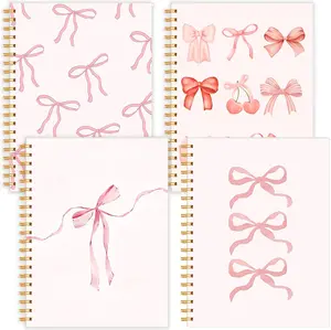4 Pack A4 Pink Bow Notebooks,Coquette Notebooks,Aesthetic Spiral Journals for Women,Cute Bow Preppy School and Office Supplies,College Ruled