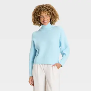 Women's Long Sleeve Mock Turtleneck Funnel Pullover Sweater - A New Day Light Blue L