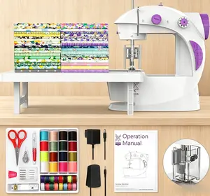 Sewing Machine for Beginners [Full Set] with Finger Guard and Fabric Bundles - Mini Sewing Machine with Sewing Kits, Foot Pedal, US Adapter and Extension Table
