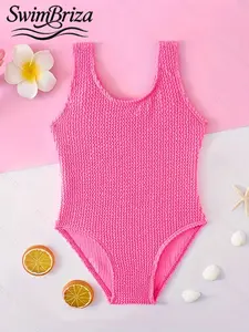 Briza｜ Girls' One Piece Swimsuit Crinkle Textured Smocked Bathing Suit Scoop Neck Tank Monokini for Summer Beach Vacation