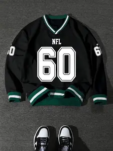 Men's Campus Style Colorblock Round Neck Pullover Sweatshirt, Long Sleeve Casual Fitted Design, Comfortable Daily Wear