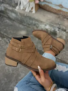 Women's Thick Sole Vegan Leather Ankle Boots, Back Zipper Design, Fashionable and Comfortable Ladies Shoes, Stylish and Cozy Footwear, Western Ankle Boots