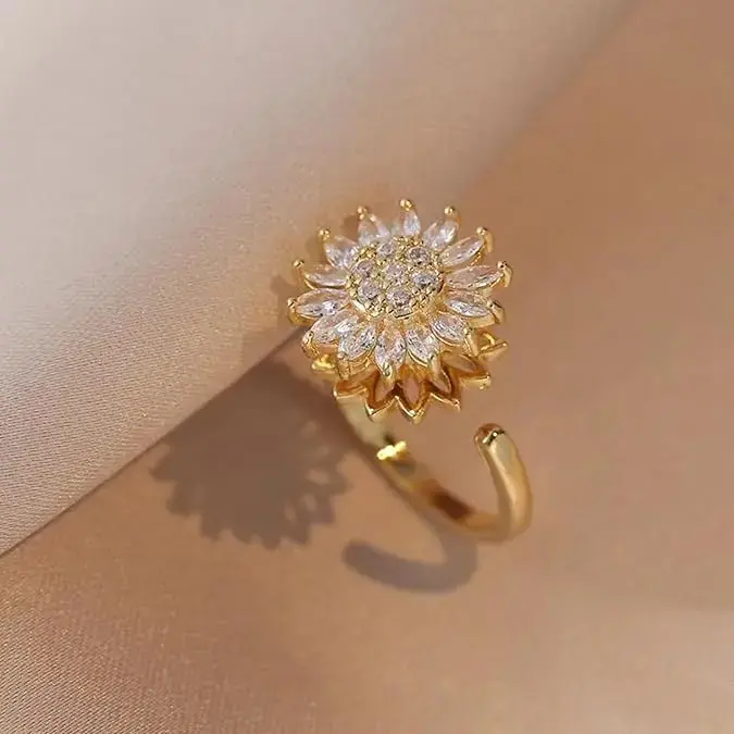 Women's Adjustable Floral Sunflower Spinner Ring - Fidget Ring for Anxiety Relief, Friendship Costume Jewelry Gift, Fidget Rings