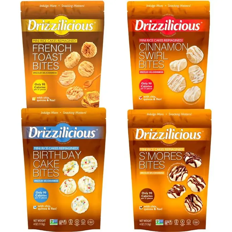 Drizzilicious Mini Flavored Rice Cakes Variety Pack – 4 oz Bags (Pack of 4) – S’mores, French Toast, Cinnamon Swirl & Birthday Cake – Vegan, Gluten-Free Snack, 90 Calories per 21 Pieces