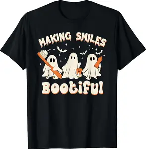 100% Cotton Fashion Garment Making Smiles Bootiful Halloween Funny Ghost Dentist Dental T-Shirt