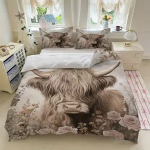 Highland Cow Pattern Bedding Set with Cow Print (3 Pieces), Bedding Set With Unique Pattern, Floral Design, Includes 1 Fitted Sheet + 2 Pillowcases, No Core, Ideal Bedroom Decor