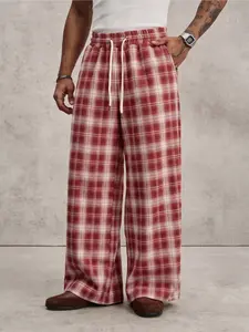 Plaid Wide Leg Casual Pants, Elastic Waist Drawstring Design, Loose Hanging Fit, Retro Relaxed Style, Streetwear Graphic Pattern