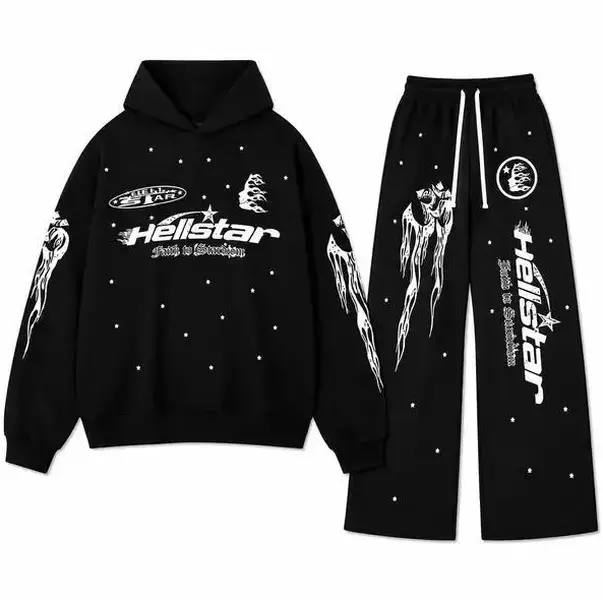 Hellstar Flame Hoodie & Sweatpants Set, Unisex Oversized Streetwear Tracksuit, Path to Paradise Hoodie Men Women Y2K Streetwear, Pullover Hoodie Jogger Set, Unisex Streetwear Set, Oversized Streetwear Outfit