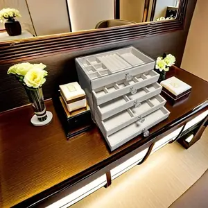 Beige 5-Drawer Clear Acrylic Jewelry Box - Modern Velvet-Lined Dustproof Storage Organizer for Earrings, Rings, Necklaces & Makeup, Ideal Gift for Women, TikTok-Favorite Home Organizer Display Case elegant