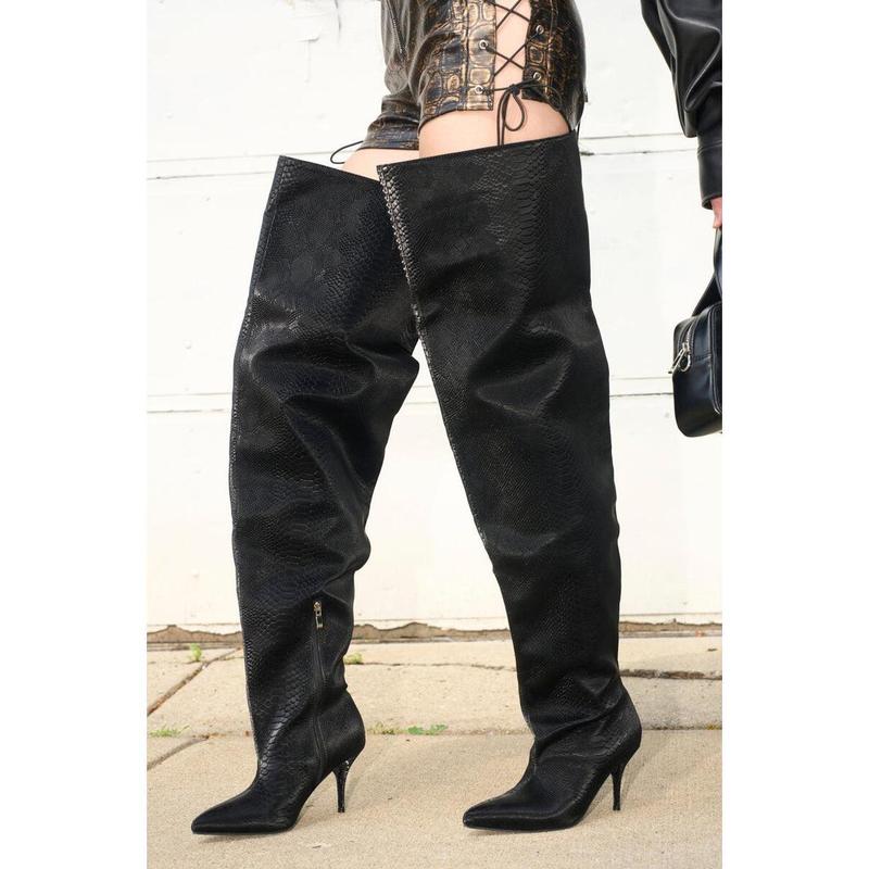 AZALEA WANG HALINA BLACK SNAKE THIGH HIGH BOOT